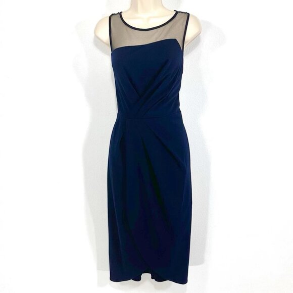 Adrianna Papell Illusion Dress Sz 14 Asymmetrical Mesh Top Midnight Witchy Glam - Picture 9 of 12